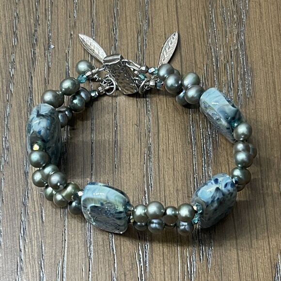 Handmade Double Bracelet Beaded Feather Charm Magnetic Closure Blue Boho Hippie - Picture 1 of 8